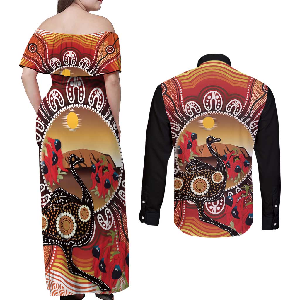Sturt's Desert Pea And Emu Australia Couples Matching Off Shoulder Maxi Dress and Long Sleeve Button Shirt Uluru Aboriginal Art