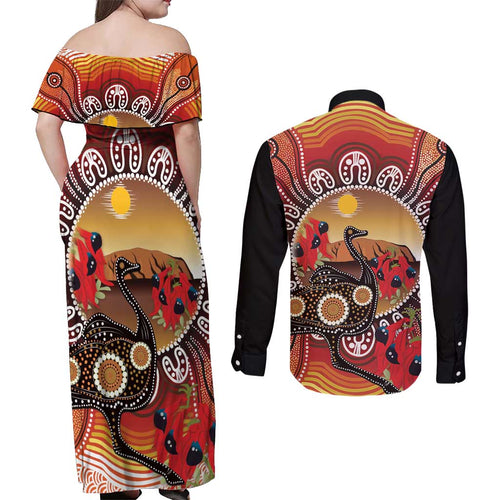 Sturt's Desert Pea And Emu Australia Couples Matching Off Shoulder Maxi Dress and Long Sleeve Button Shirt Uluru Aboriginal Art