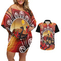 Sturt's Desert Pea And Emu Australia Couples Matching Off Shoulder Short Dress and Hawaiian Shirt Uluru Aboriginal Art