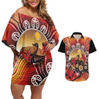 Sturt's Desert Pea And Emu Australia Couples Matching Off Shoulder Short Dress and Hawaiian Shirt Uluru Aboriginal Art