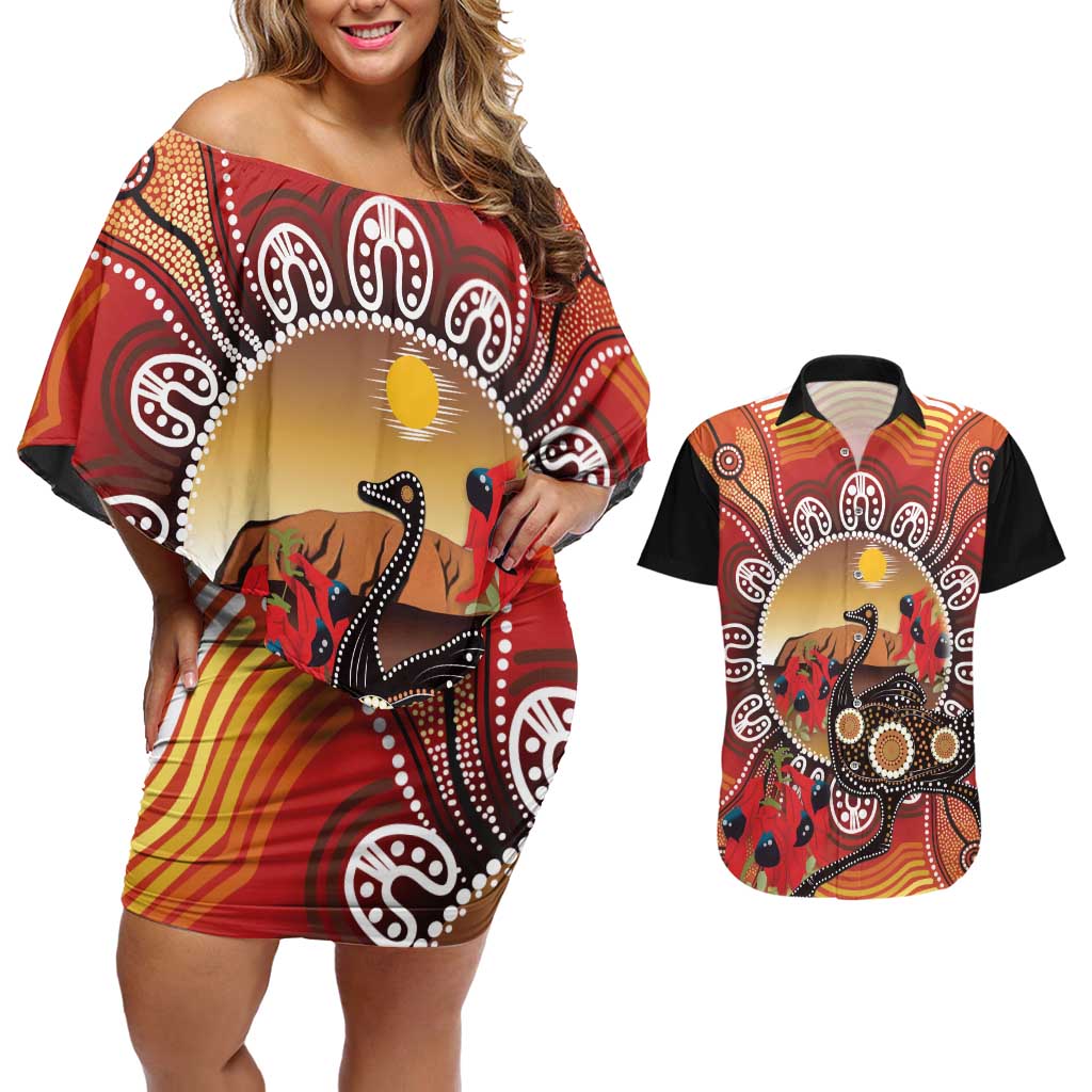 Sturt's Desert Pea And Emu Australia Couples Matching Off Shoulder Short Dress and Hawaiian Shirt Uluru Aboriginal Art
