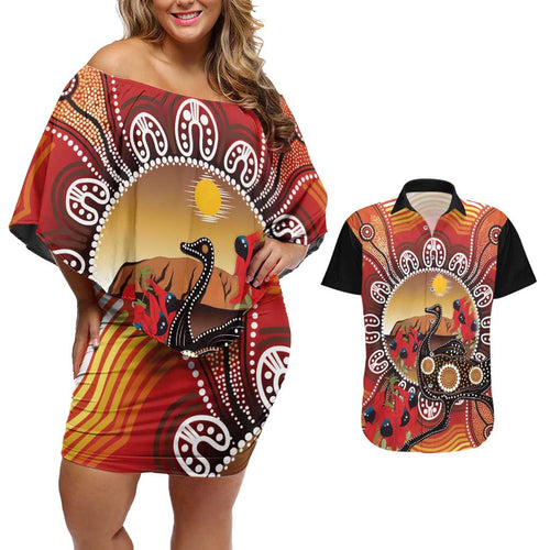 Sturt's Desert Pea And Emu Australia Couples Matching Off Shoulder Short Dress and Hawaiian Shirt Uluru Aboriginal Art