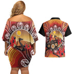 Sturt's Desert Pea And Emu Australia Couples Matching Off Shoulder Short Dress and Hawaiian Shirt Uluru Aboriginal Art