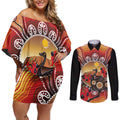 Sturt's Desert Pea And Emu Australia Couples Matching Off Shoulder Short Dress and Long Sleeve Button Shirt Uluru Aboriginal Art