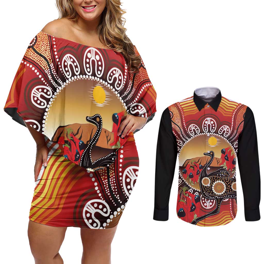 Sturt's Desert Pea And Emu Australia Couples Matching Off Shoulder Short Dress and Long Sleeve Button Shirt Uluru Aboriginal Art