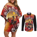 Sturt's Desert Pea And Emu Australia Couples Matching Off Shoulder Short Dress and Long Sleeve Button Shirt Uluru Aboriginal Art
