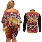 Sturt's Desert Pea And Emu Australia Couples Matching Off Shoulder Short Dress and Long Sleeve Button Shirt Uluru Aboriginal Art
