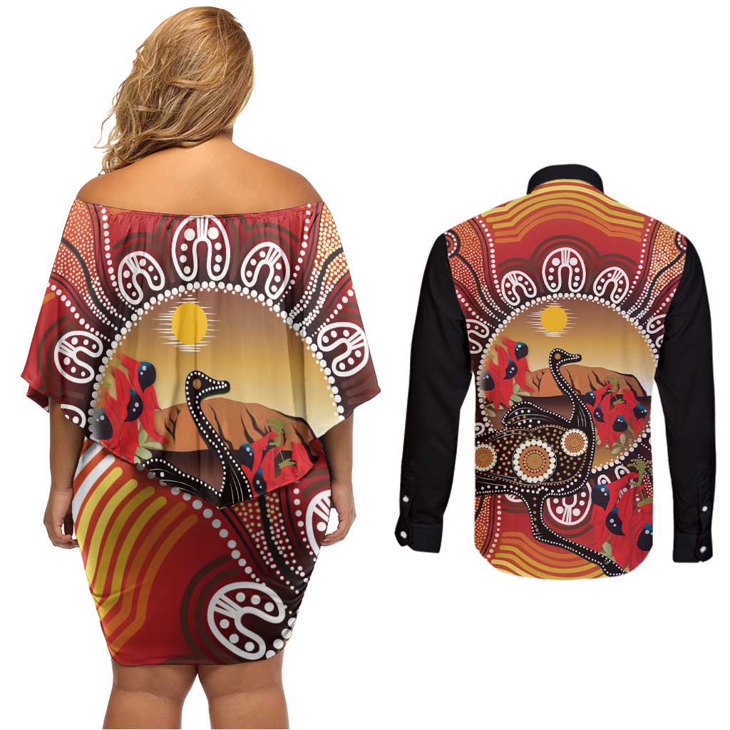 Sturt's Desert Pea And Emu Australia Couples Matching Off Shoulder Short Dress and Long Sleeve Button Shirt Uluru Aboriginal Art