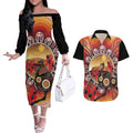 Sturt's Desert Pea And Emu Australia Couples Matching Off The Shoulder Long Sleeve Dress and Hawaiian Shirt Uluru Aboriginal Art
