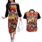 Sturt's Desert Pea And Emu Australia Couples Matching Off The Shoulder Long Sleeve Dress and Hawaiian Shirt Uluru Aboriginal Art