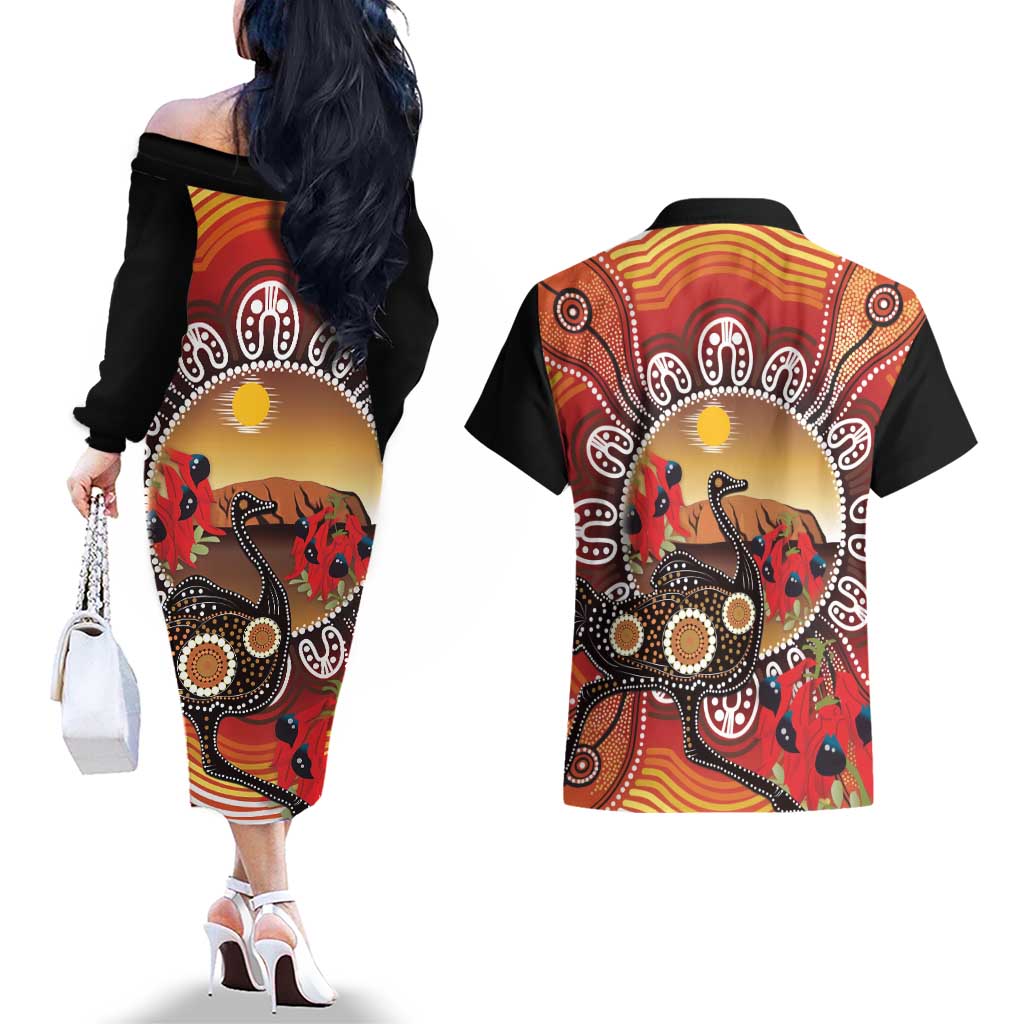 Sturt's Desert Pea And Emu Australia Couples Matching Off The Shoulder Long Sleeve Dress and Hawaiian Shirt Uluru Aboriginal Art
