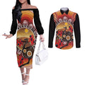 Sturt's Desert Pea And Emu Australia Couples Matching Off The Shoulder Long Sleeve Dress and Long Sleeve Button Shirt Uluru Aboriginal Art