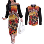 Sturt's Desert Pea And Emu Australia Couples Matching Off The Shoulder Long Sleeve Dress and Long Sleeve Button Shirt Uluru Aboriginal Art