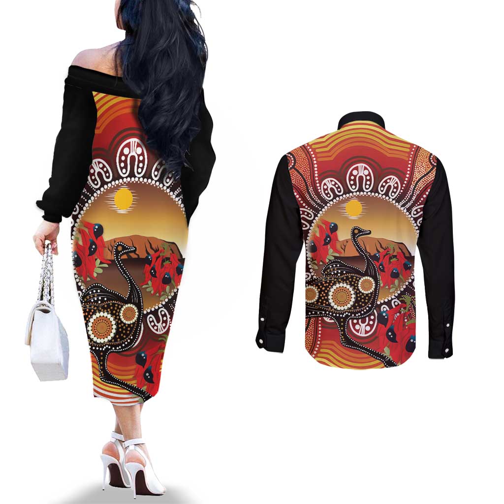 Sturt's Desert Pea And Emu Australia Couples Matching Off The Shoulder Long Sleeve Dress and Long Sleeve Button Shirt Uluru Aboriginal Art