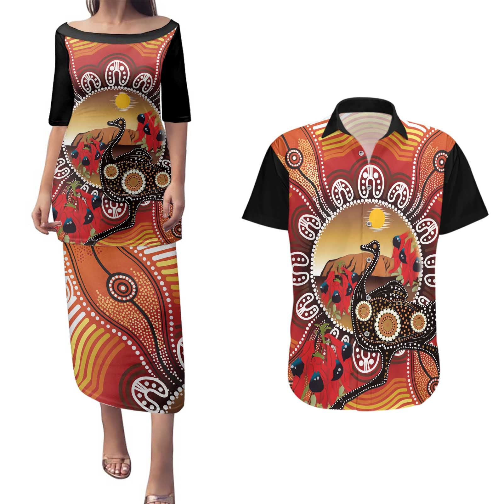 Sturt's Desert Pea And Emu Australia Couples Matching Puletasi and Hawaiian Shirt Uluru Aboriginal Art