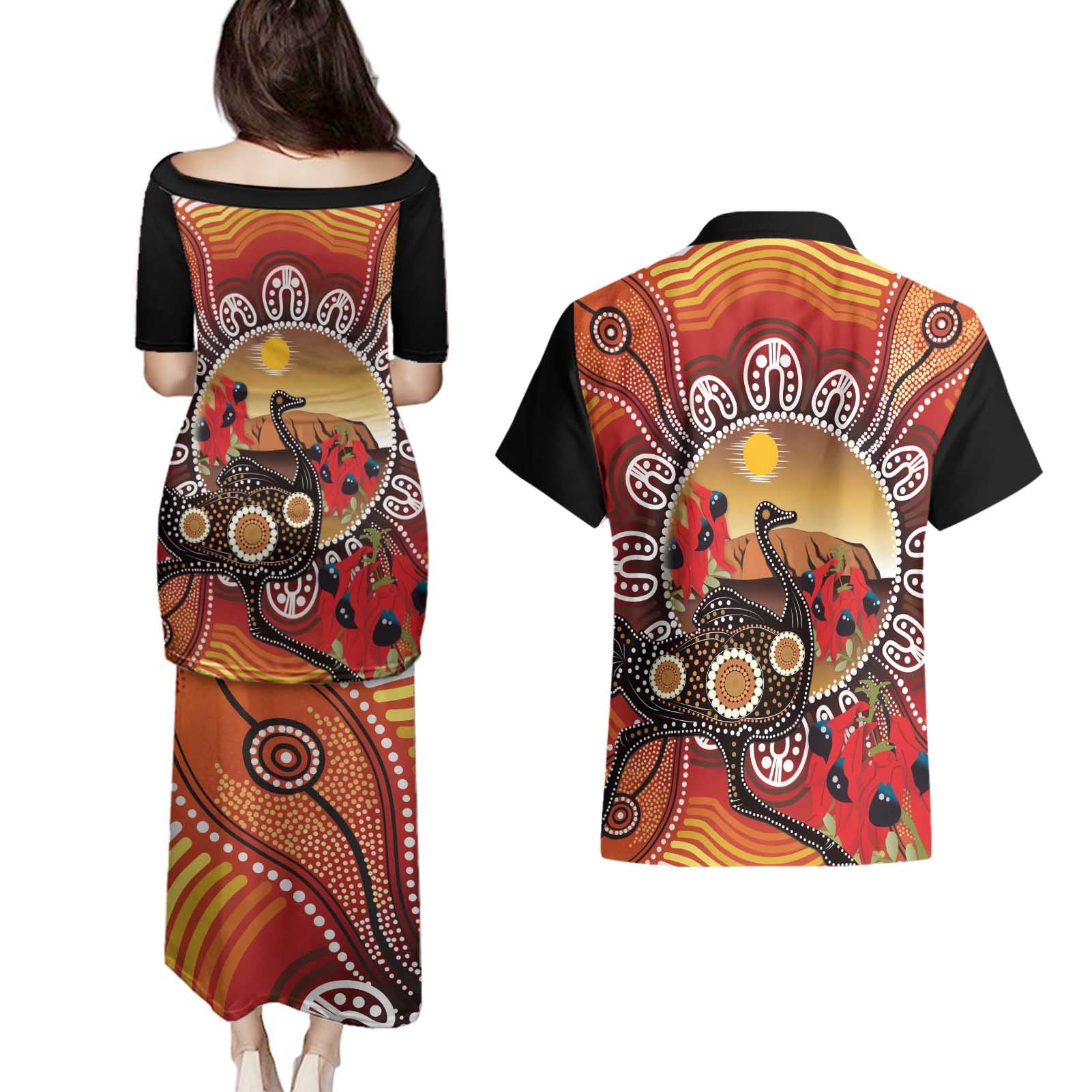 Sturt's Desert Pea And Emu Australia Couples Matching Puletasi and Hawaiian Shirt Uluru Aboriginal Art