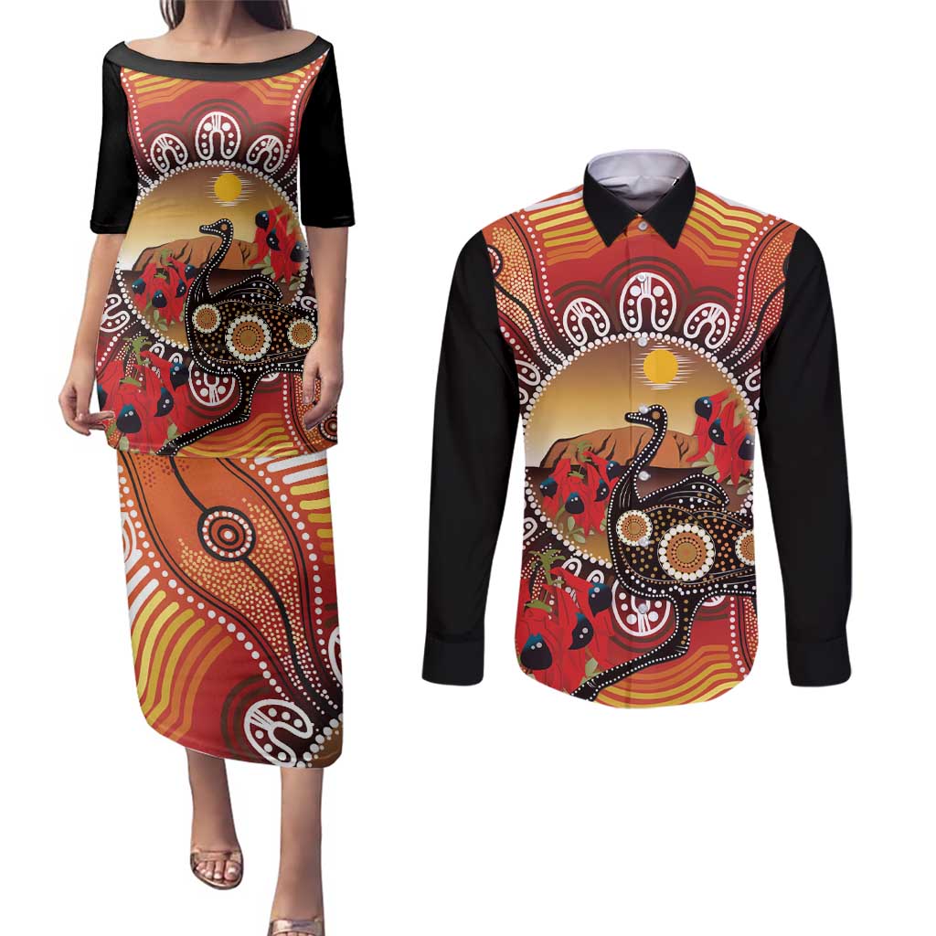 Sturt's Desert Pea And Emu Australia Couples Matching Puletasi and Long Sleeve Button Shirt Uluru Aboriginal Art