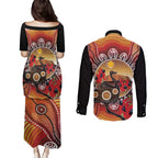 Sturt's Desert Pea And Emu Australia Couples Matching Puletasi and Long Sleeve Button Shirt Uluru Aboriginal Art