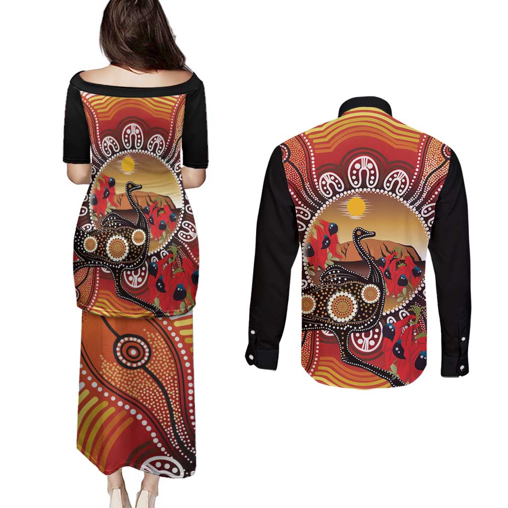 Sturt's Desert Pea And Emu Australia Couples Matching Puletasi and Long Sleeve Button Shirt Uluru Aboriginal Art