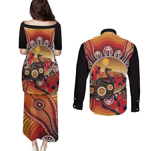 Sturt's Desert Pea And Emu Australia Couples Matching Puletasi and Long Sleeve Button Shirt Uluru Aboriginal Art