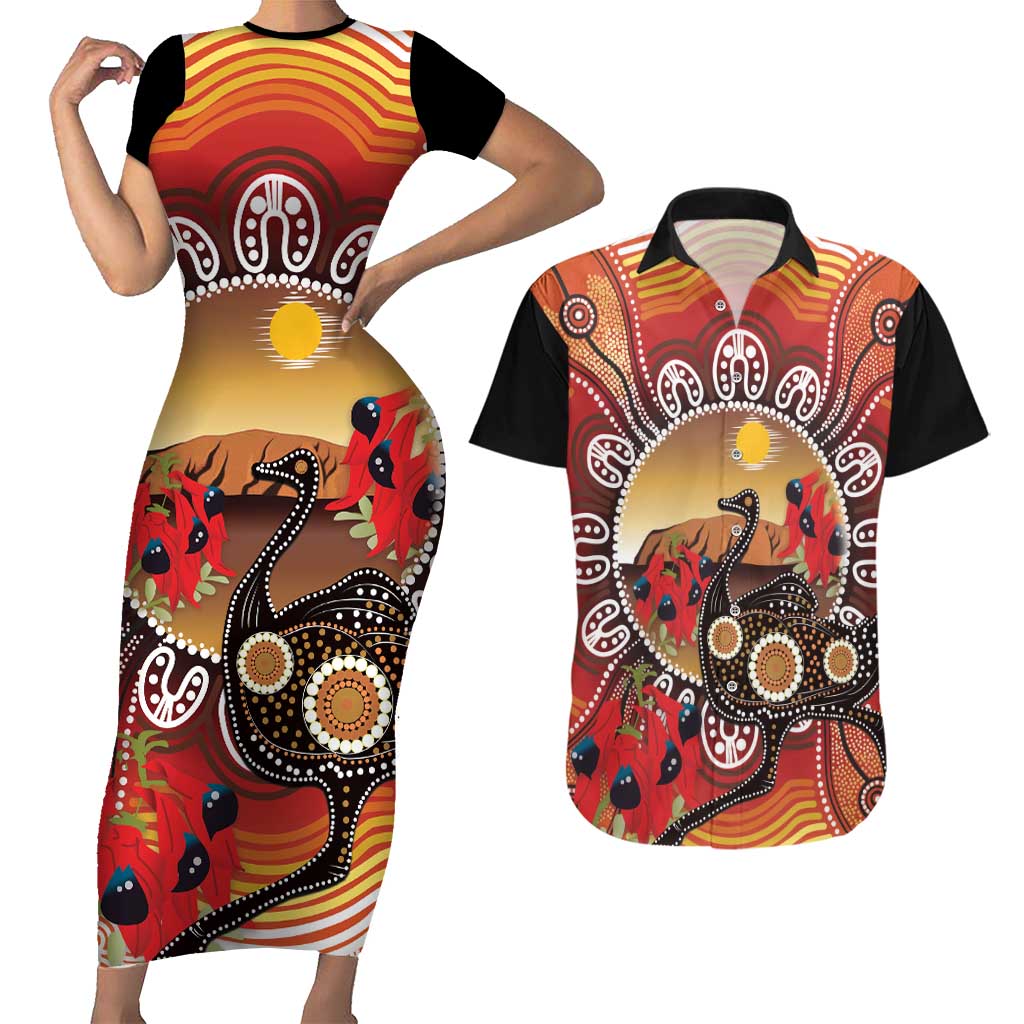 Sturt's Desert Pea And Emu Australia Couples Matching Short Sleeve Bodycon Dress and Hawaiian Shirt Uluru Aboriginal Art