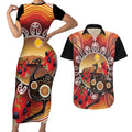 Sturt's Desert Pea And Emu Australia Couples Matching Short Sleeve Bodycon Dress and Hawaiian Shirt Uluru Aboriginal Art