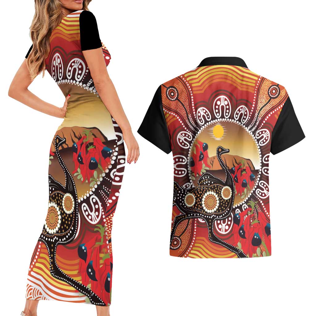 Sturt's Desert Pea And Emu Australia Couples Matching Short Sleeve Bodycon Dress and Hawaiian Shirt Uluru Aboriginal Art
