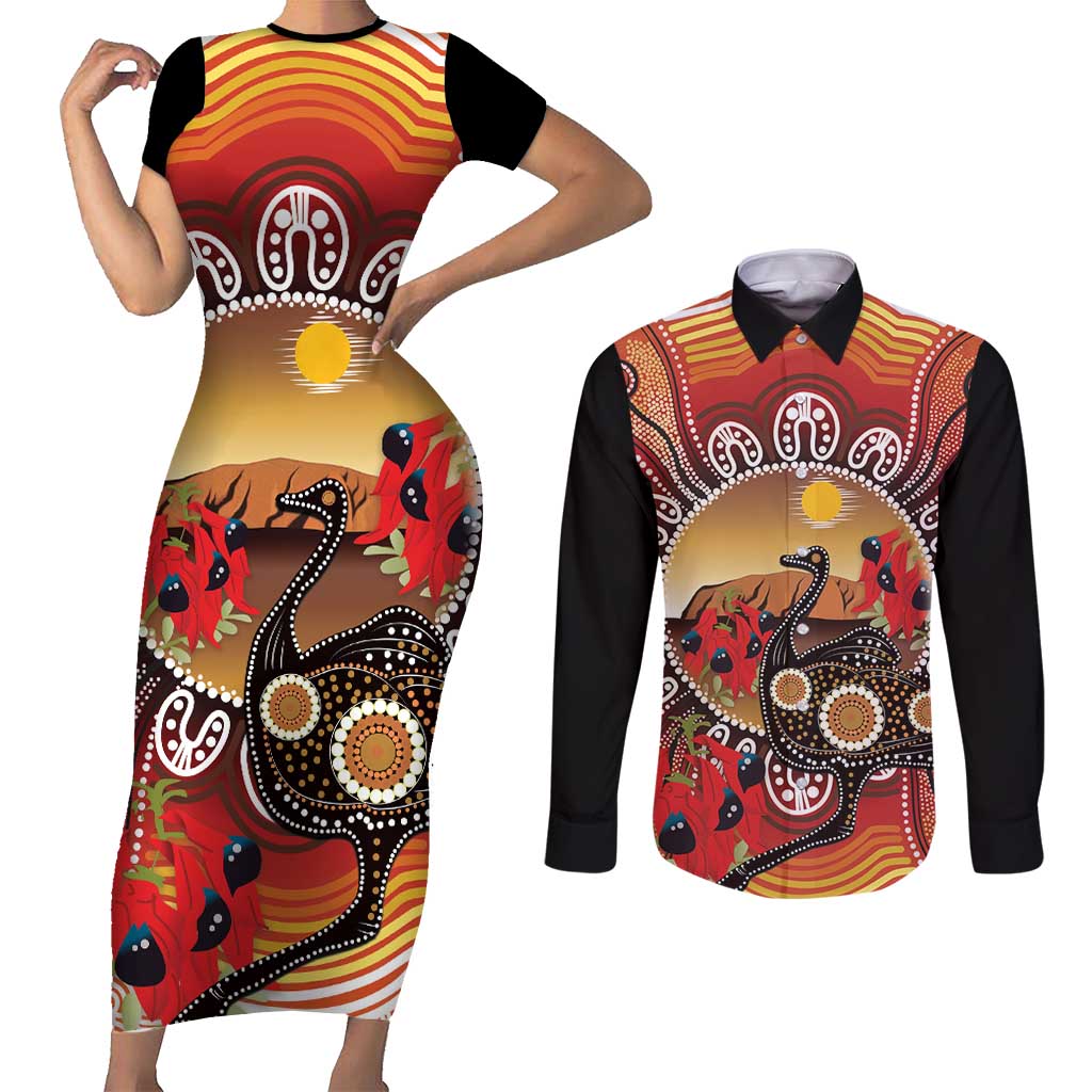 Sturt's Desert Pea And Emu Australia Couples Matching Short Sleeve Bodycon Dress and Long Sleeve Button Shirt Uluru Aboriginal Art