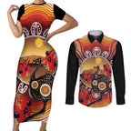 Sturt's Desert Pea And Emu Australia Couples Matching Short Sleeve Bodycon Dress and Long Sleeve Button Shirt Uluru Aboriginal Art