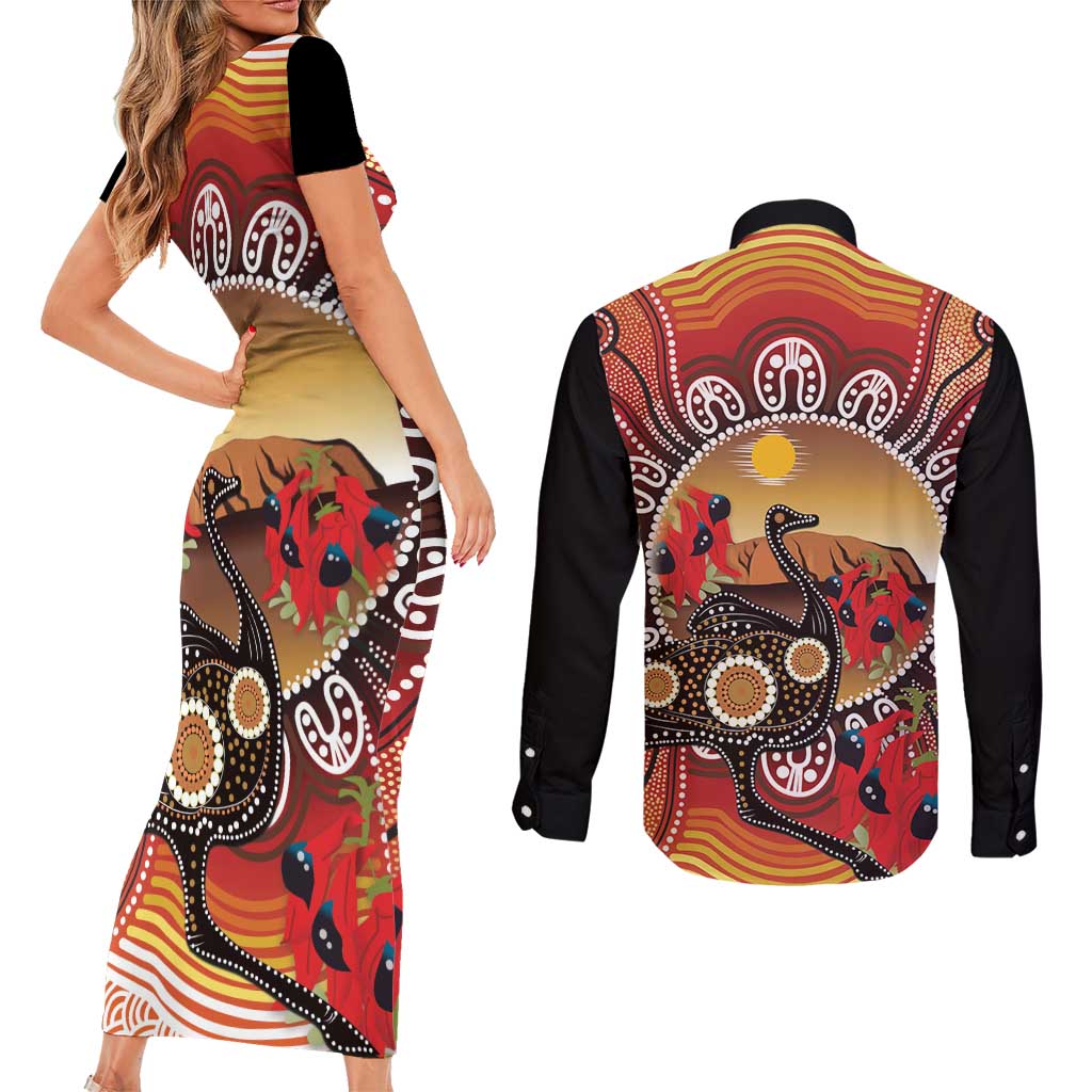 Sturt's Desert Pea And Emu Australia Couples Matching Short Sleeve Bodycon Dress and Long Sleeve Button Shirt Uluru Aboriginal Art