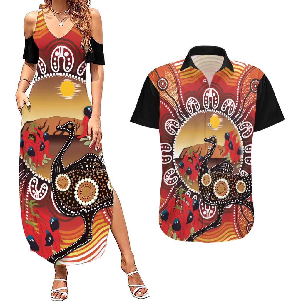 Sturt's Desert Pea And Emu Australia Couples Matching Summer Maxi Dress and Hawaiian Shirt Uluru Aboriginal Art