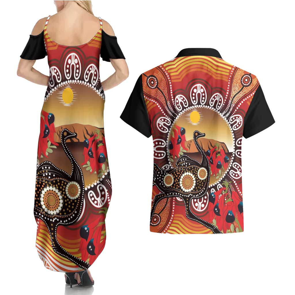 Sturt's Desert Pea And Emu Australia Couples Matching Summer Maxi Dress and Hawaiian Shirt Uluru Aboriginal Art