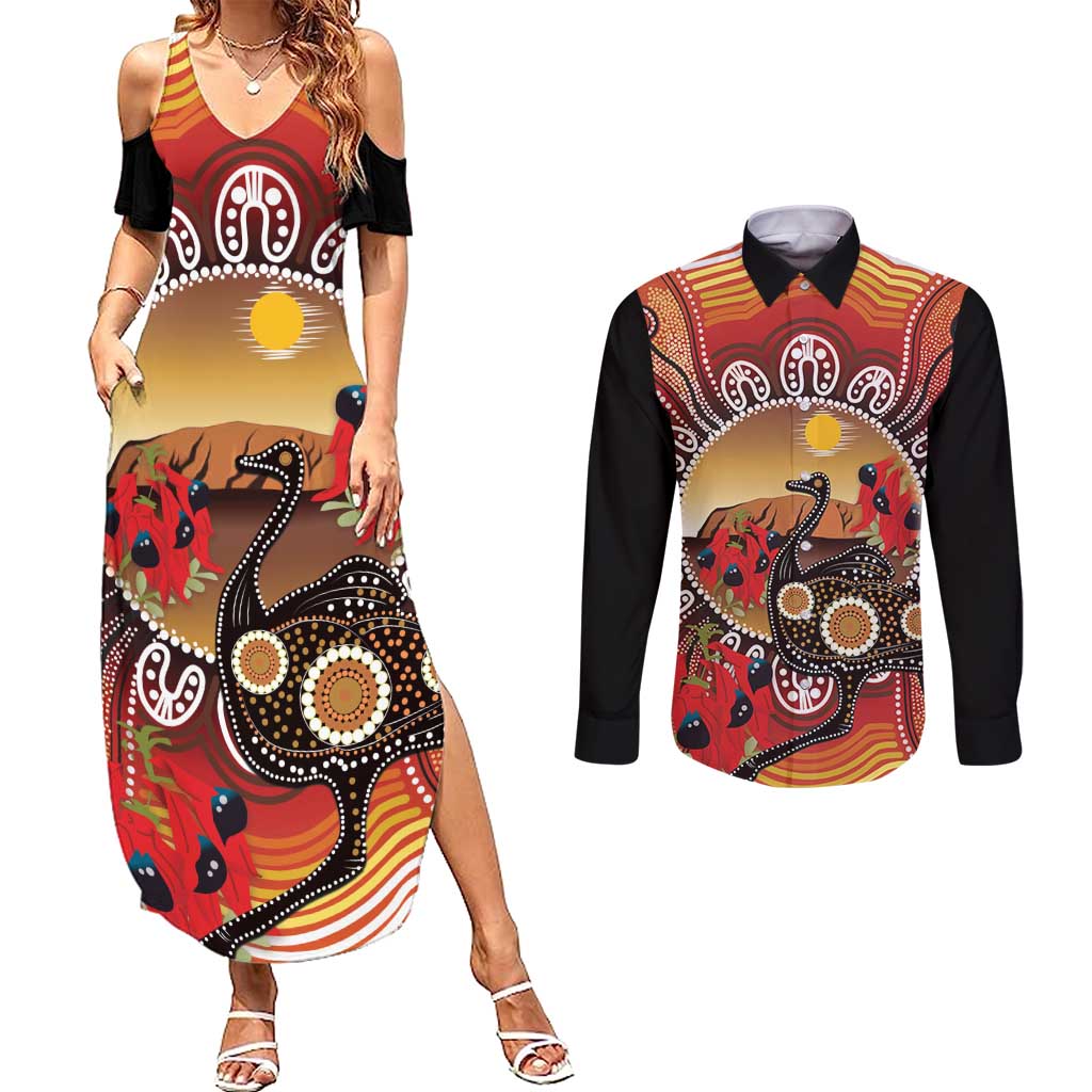 Sturt's Desert Pea And Emu Australia Couples Matching Summer Maxi Dress and Long Sleeve Button Shirt Uluru Aboriginal Art