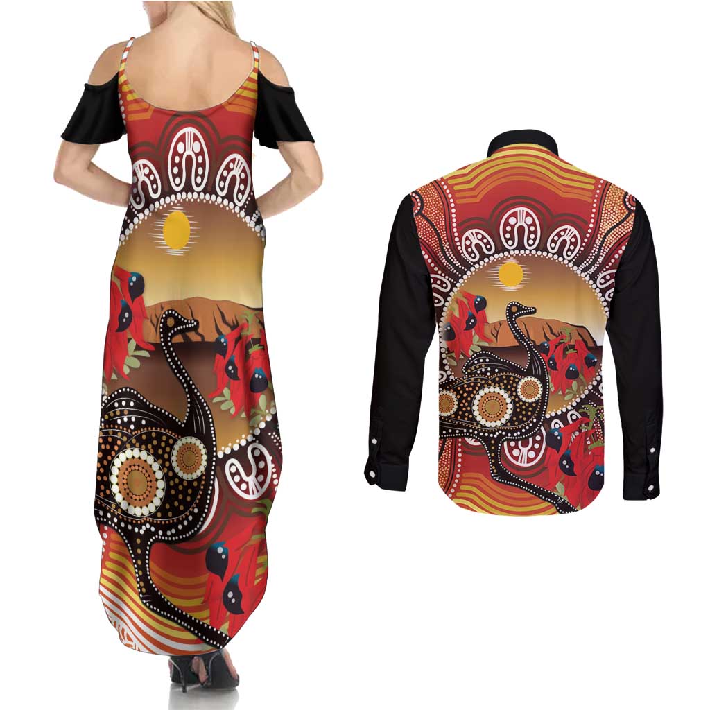 Sturt's Desert Pea And Emu Australia Couples Matching Summer Maxi Dress and Long Sleeve Button Shirt Uluru Aboriginal Art