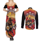 Sturt's Desert Pea And Emu Australia Couples Matching Summer Maxi Dress and Long Sleeve Button Shirt Uluru Aboriginal Art