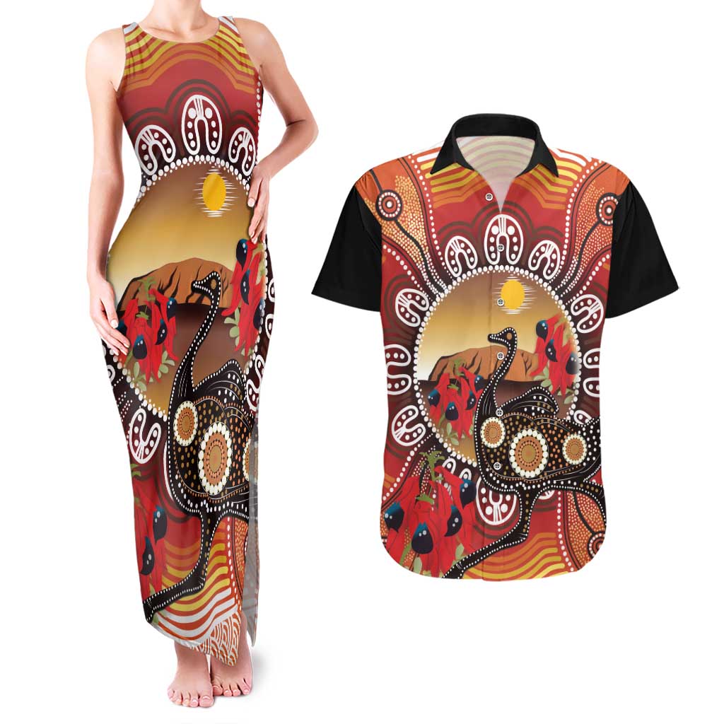 Sturt's Desert Pea And Emu Australia Couples Matching Tank Maxi Dress and Hawaiian Shirt Uluru Aboriginal Art