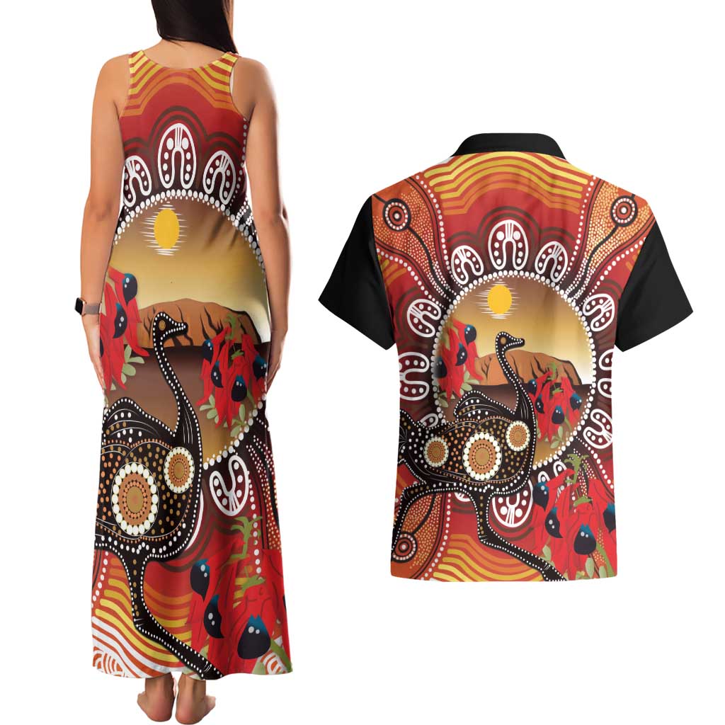 Sturt's Desert Pea And Emu Australia Couples Matching Tank Maxi Dress and Hawaiian Shirt Uluru Aboriginal Art