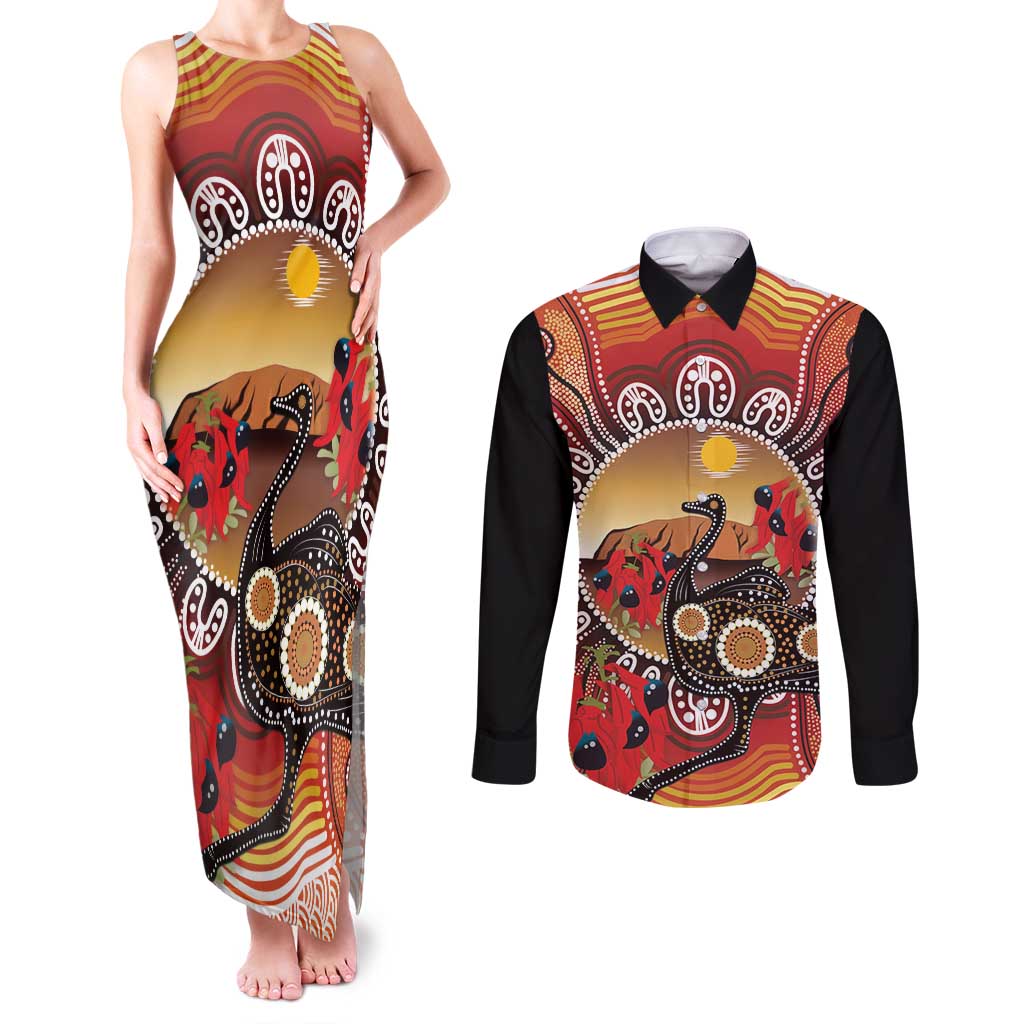 Sturt's Desert Pea And Emu Australia Couples Matching Tank Maxi Dress and Long Sleeve Button Shirt Uluru Aboriginal Art