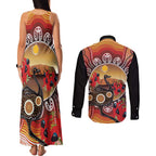 Sturt's Desert Pea And Emu Australia Couples Matching Tank Maxi Dress and Long Sleeve Button Shirt Uluru Aboriginal Art