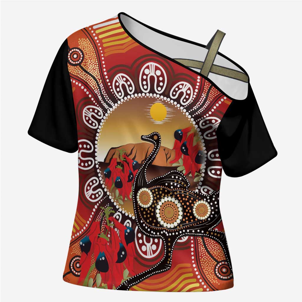 Sturt's Desert Pea And Emu Australia Cross Shoulder Shirt Uluru Aboriginal Art - Aussie Hoodie