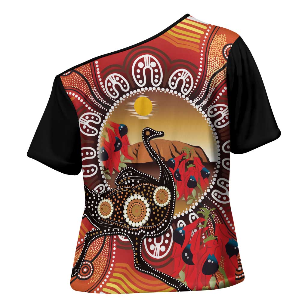Sturt's Desert Pea And Emu Australia Cross Shoulder Shirt Uluru Aboriginal Art - Aussie Hoodie
