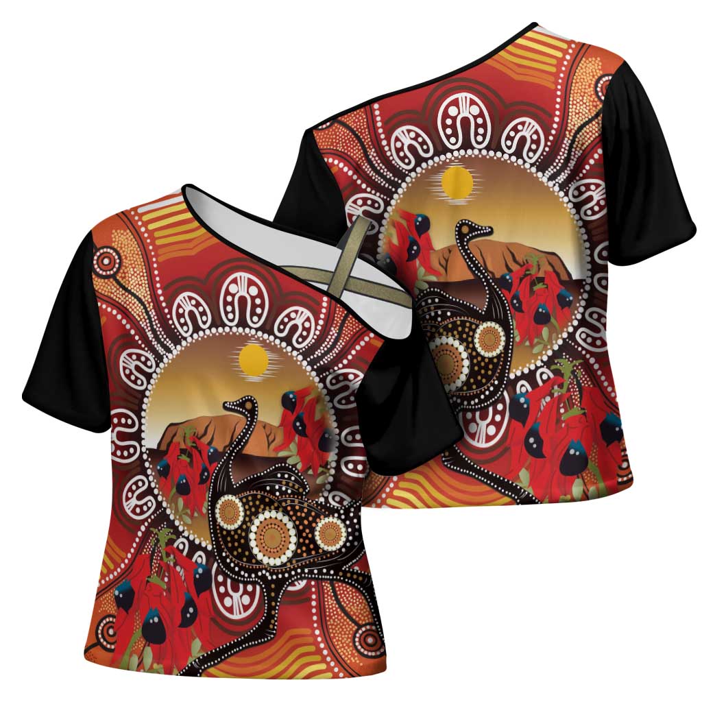 Sturt's Desert Pea And Emu Australia Cross Shoulder Shirt Uluru Aboriginal Art - Aussie Hoodie