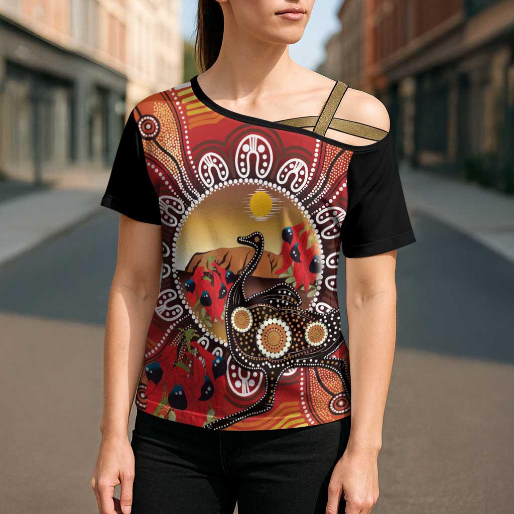 Sturt's Desert Pea And Emu Australia Cross Shoulder Shirt Uluru Aboriginal Art - Aussie Hoodie