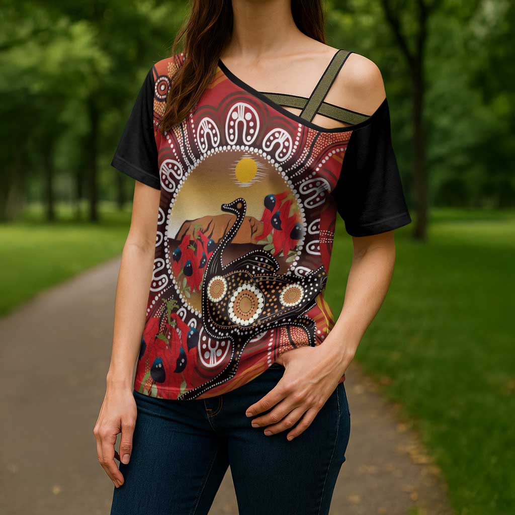 Sturt's Desert Pea And Emu Australia Cross Shoulder Shirt Uluru Aboriginal Art - Aussie Hoodie