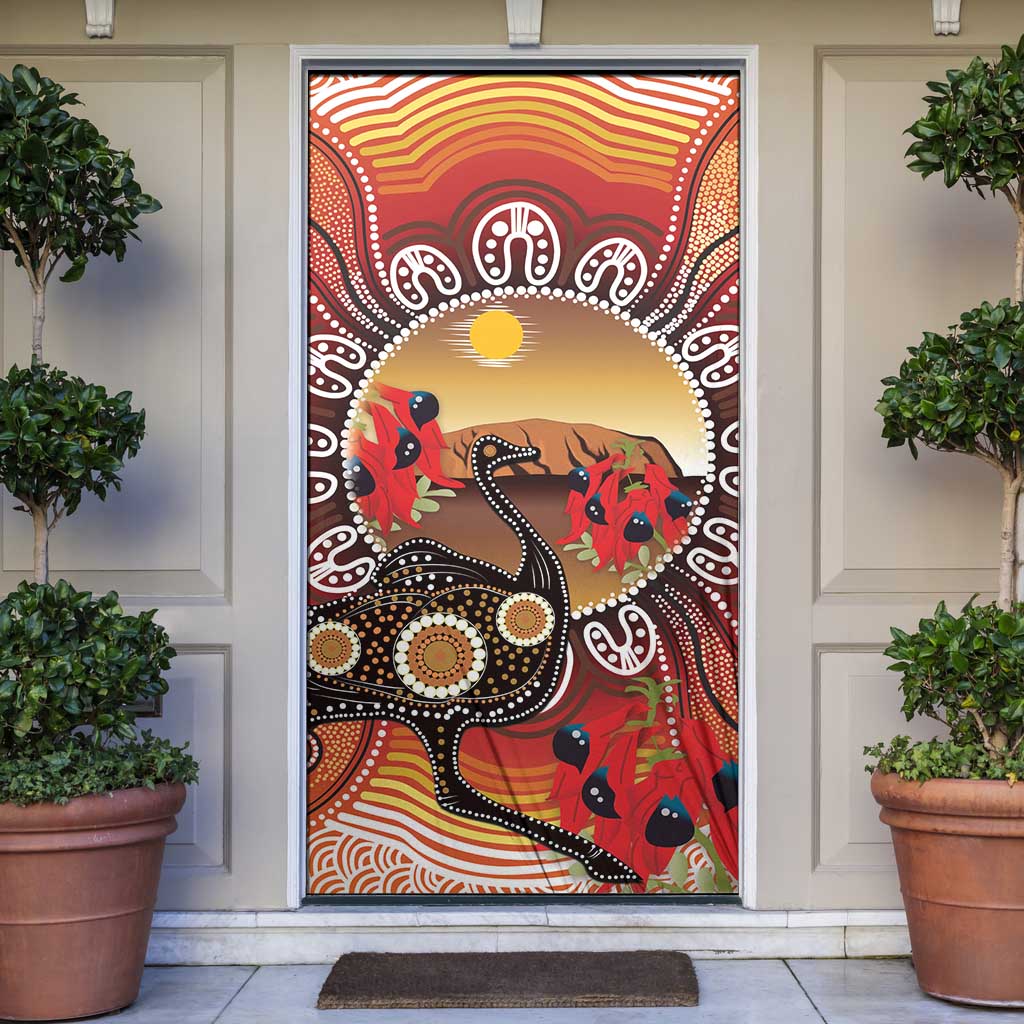 Sturt's Desert Pea And Emu Australia Door Cover Uluru Aboriginal Art - Aussie Hoodie