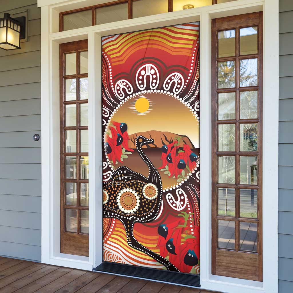Sturt's Desert Pea And Emu Australia Door Cover Uluru Aboriginal Art - Aussie Hoodie