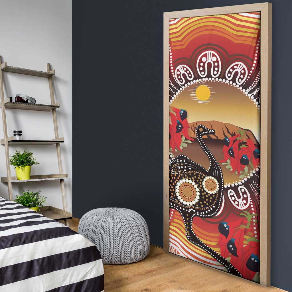 Sturt's Desert Pea And Emu Australia Door Cover Uluru Aboriginal Art - Aussie Hoodie