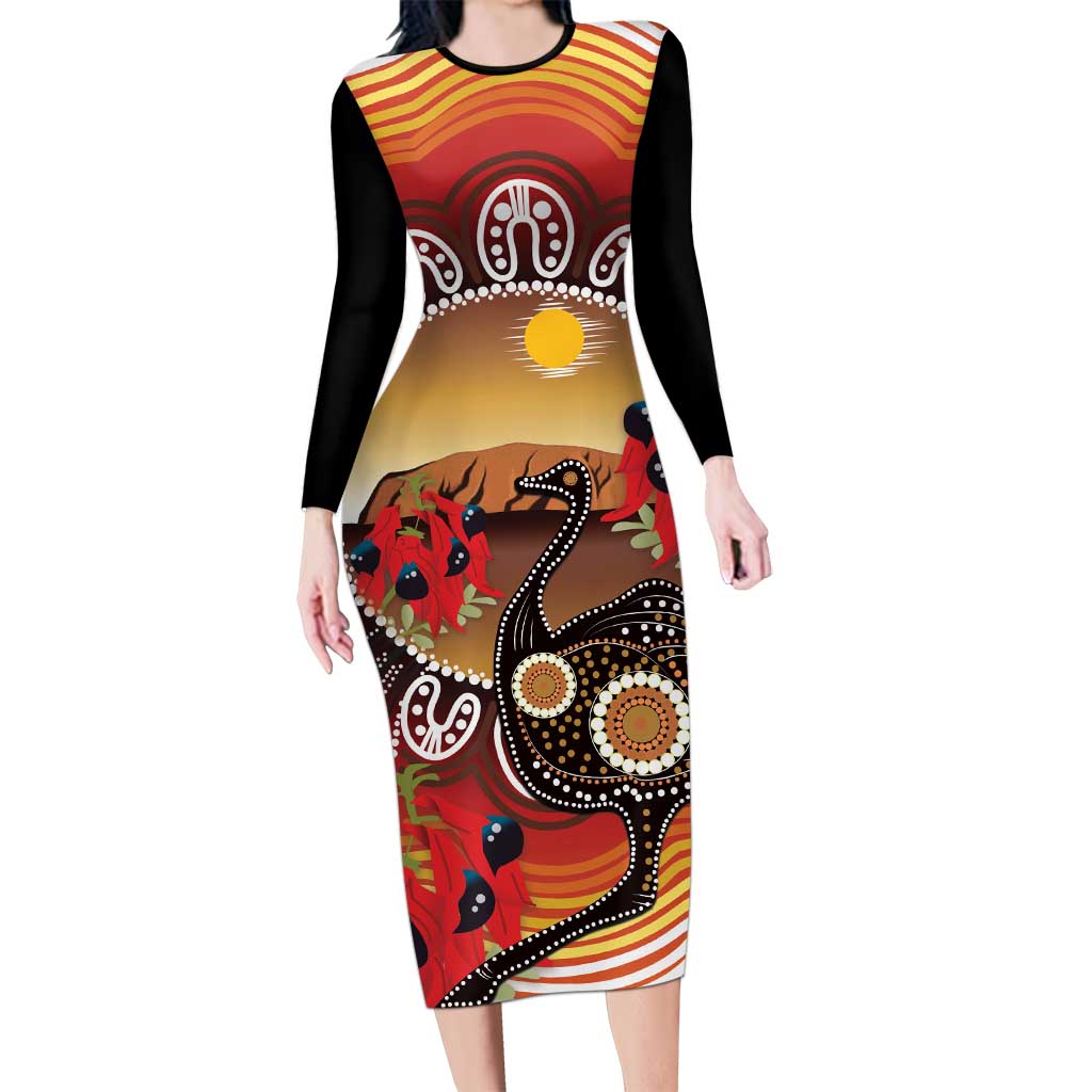 Sturt's Desert Pea And Emu Australia Family Matching Long Sleeve Bodycon Dress and Hawaiian Shirt Uluru Aboriginal Art