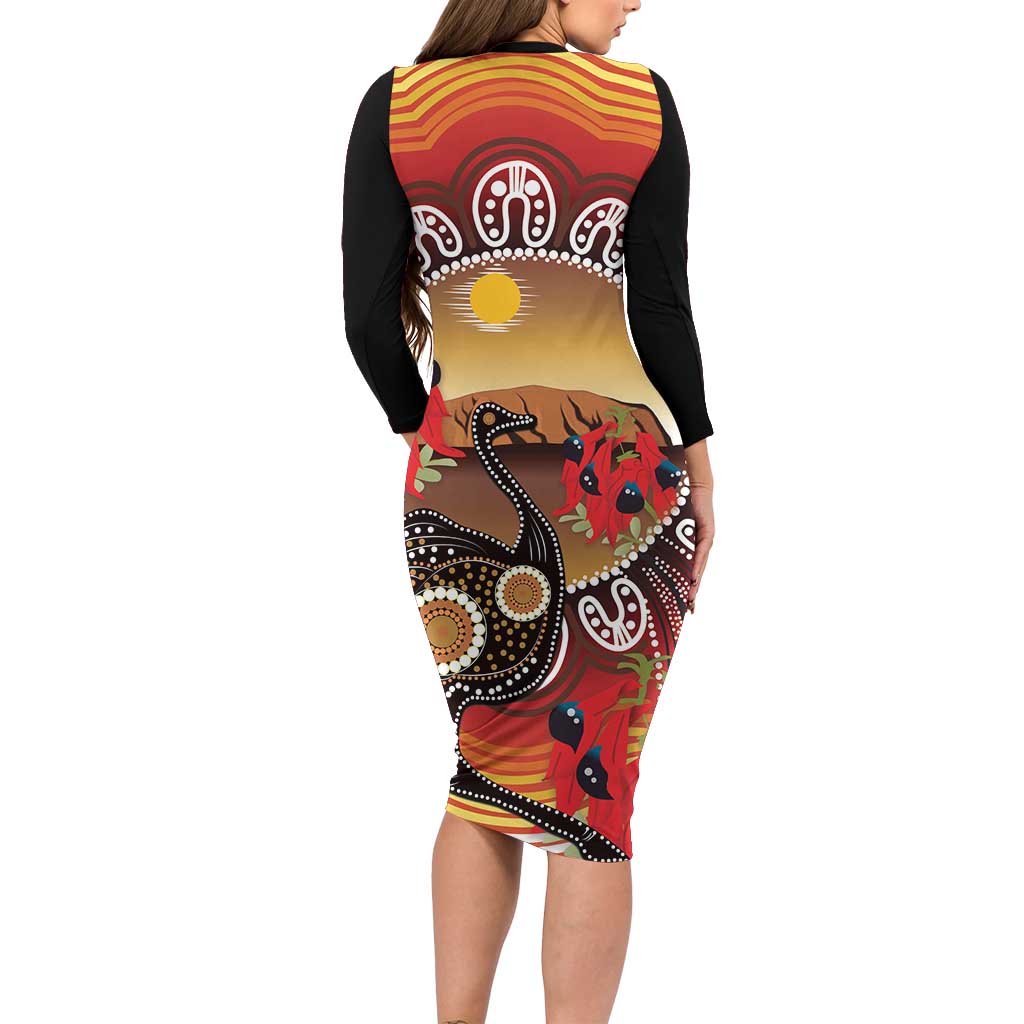 Sturt's Desert Pea And Emu Australia Family Matching Long Sleeve Bodycon Dress and Hawaiian Shirt Uluru Aboriginal Art
