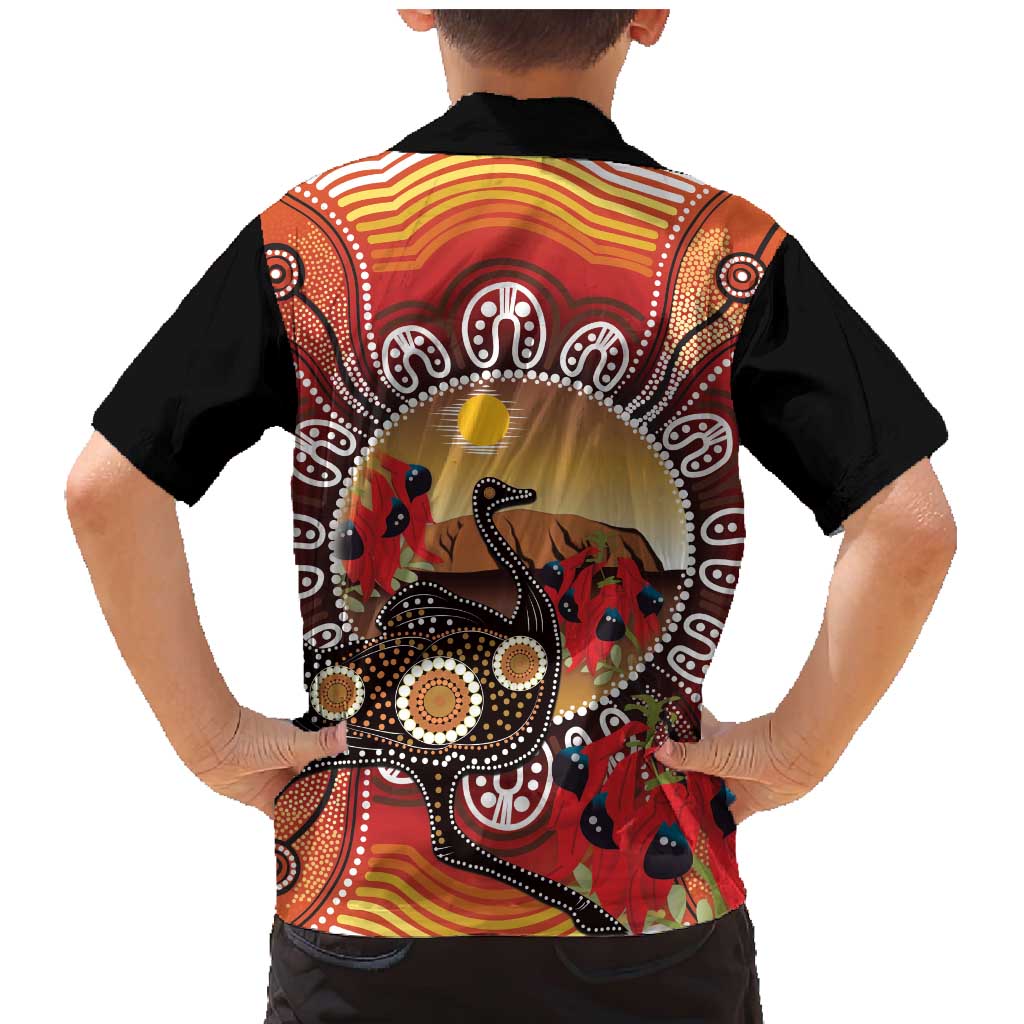 Sturt's Desert Pea And Emu Australia Family Matching Mermaid Dress and Hawaiian Shirt Uluru Aboriginal Art